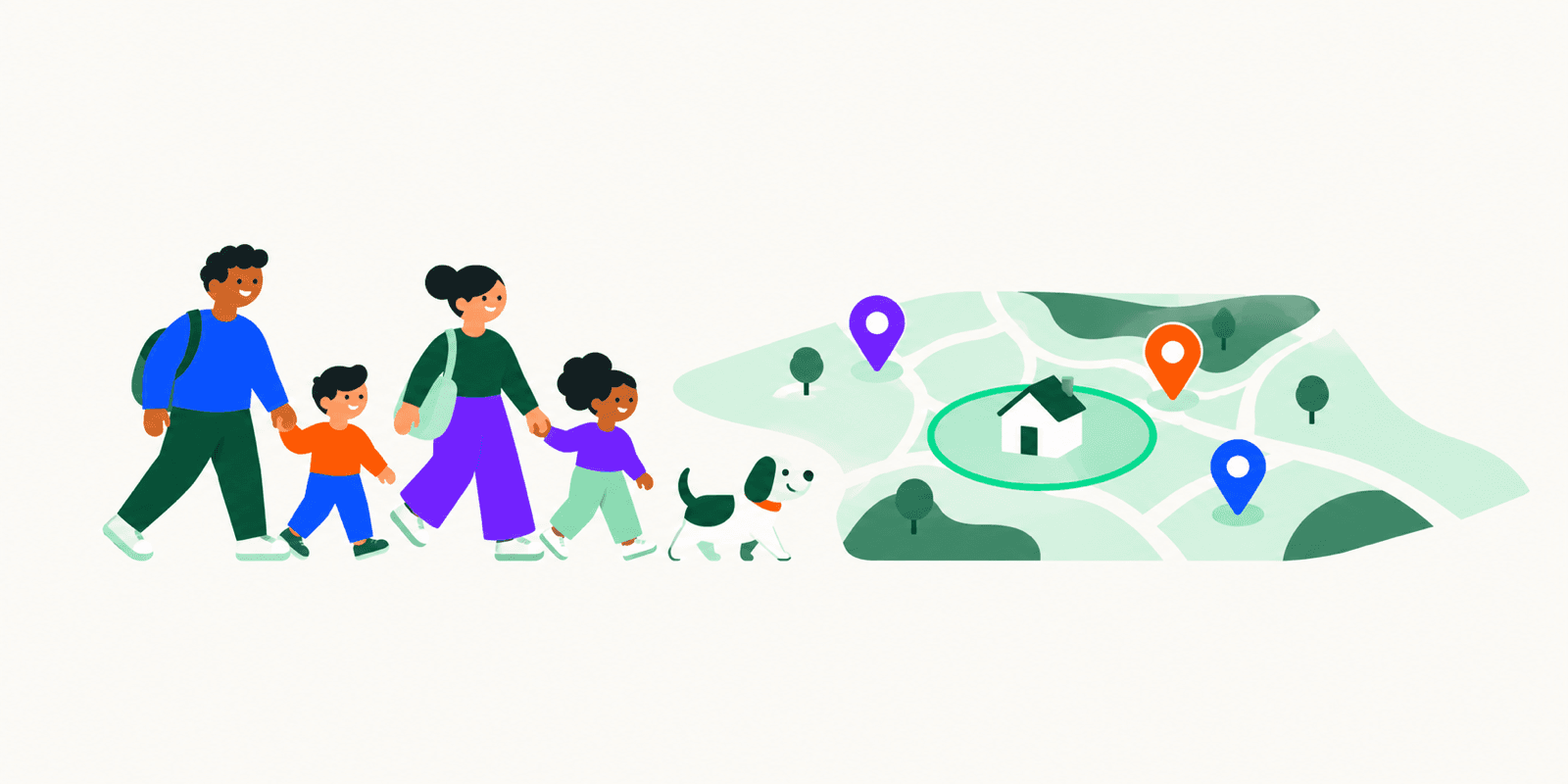A family walking together beside a map with their location pins and a safe zone around home